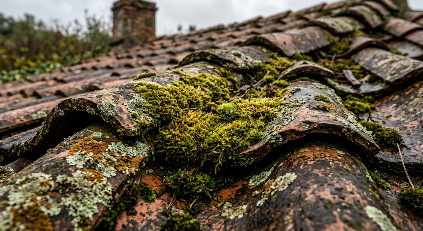 Toiture endommagée par la mousse et le lichen