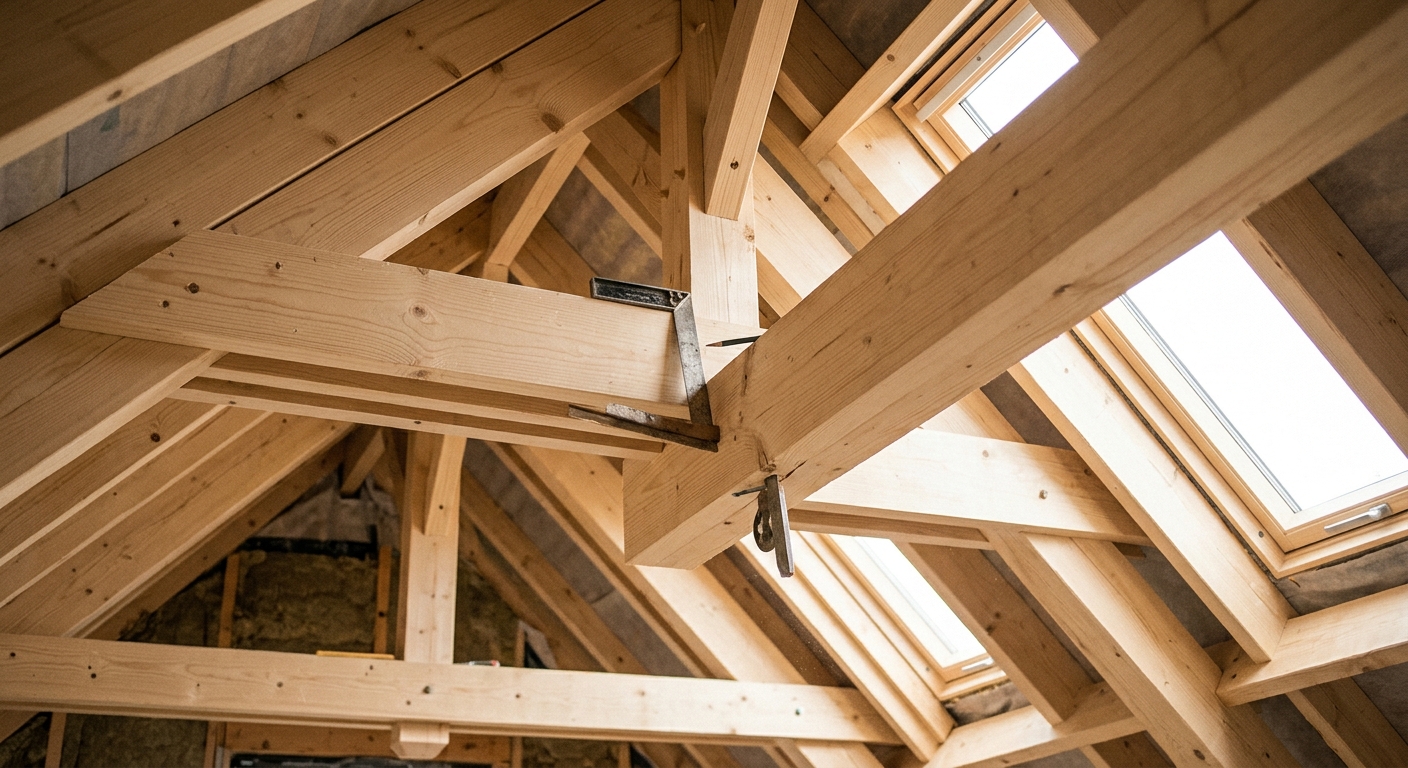 Artisan charpentier inspectant la structure en bois d'une toiture